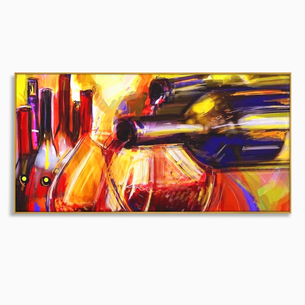 Tablou canvas cu pictura abstracta cu sticle si pahare de vin, in rama de aluminiu auriu